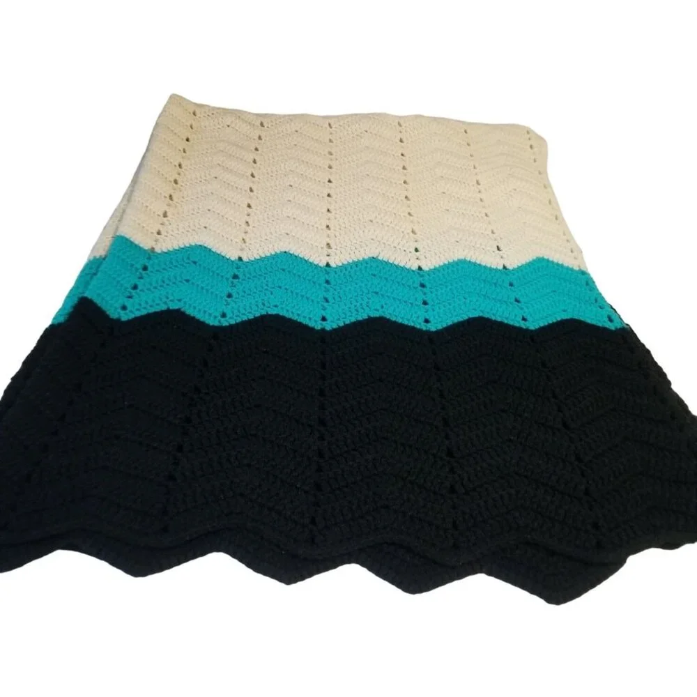 Vintage Black White Blue Chevron Afghan Blanket Throw Blanket Boho 58X64